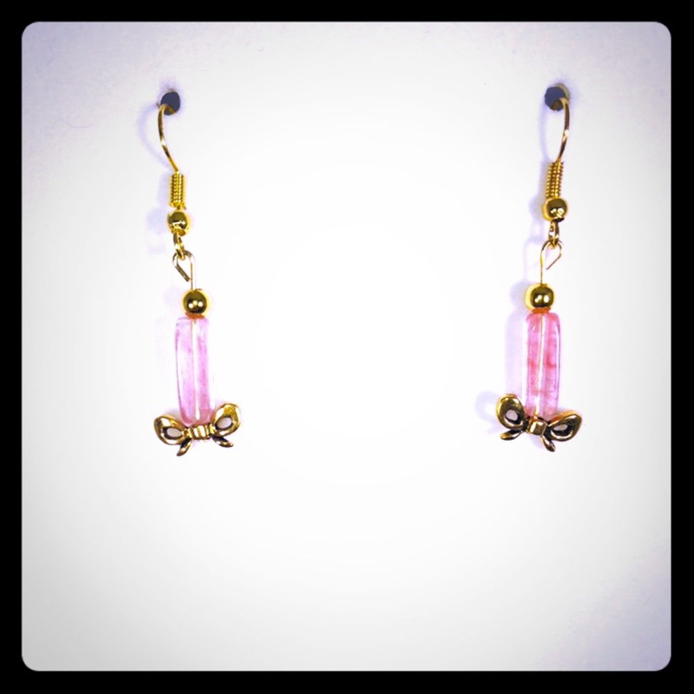 Star Crafts Rose Quartz Earrings with Gold Bow